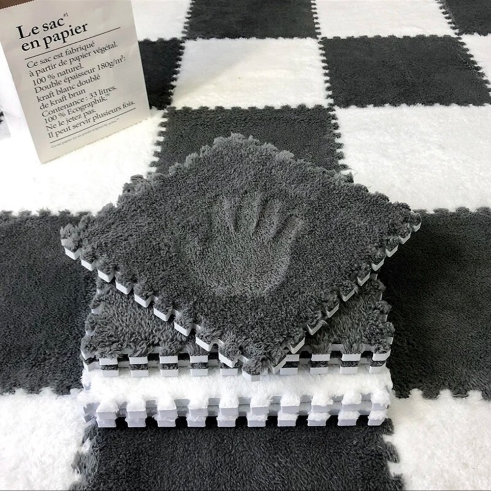 27 Pcs White/Pink/Black Plush Kid/Baby Puzzle Foam Floor Mat Square Fluffy Tiles